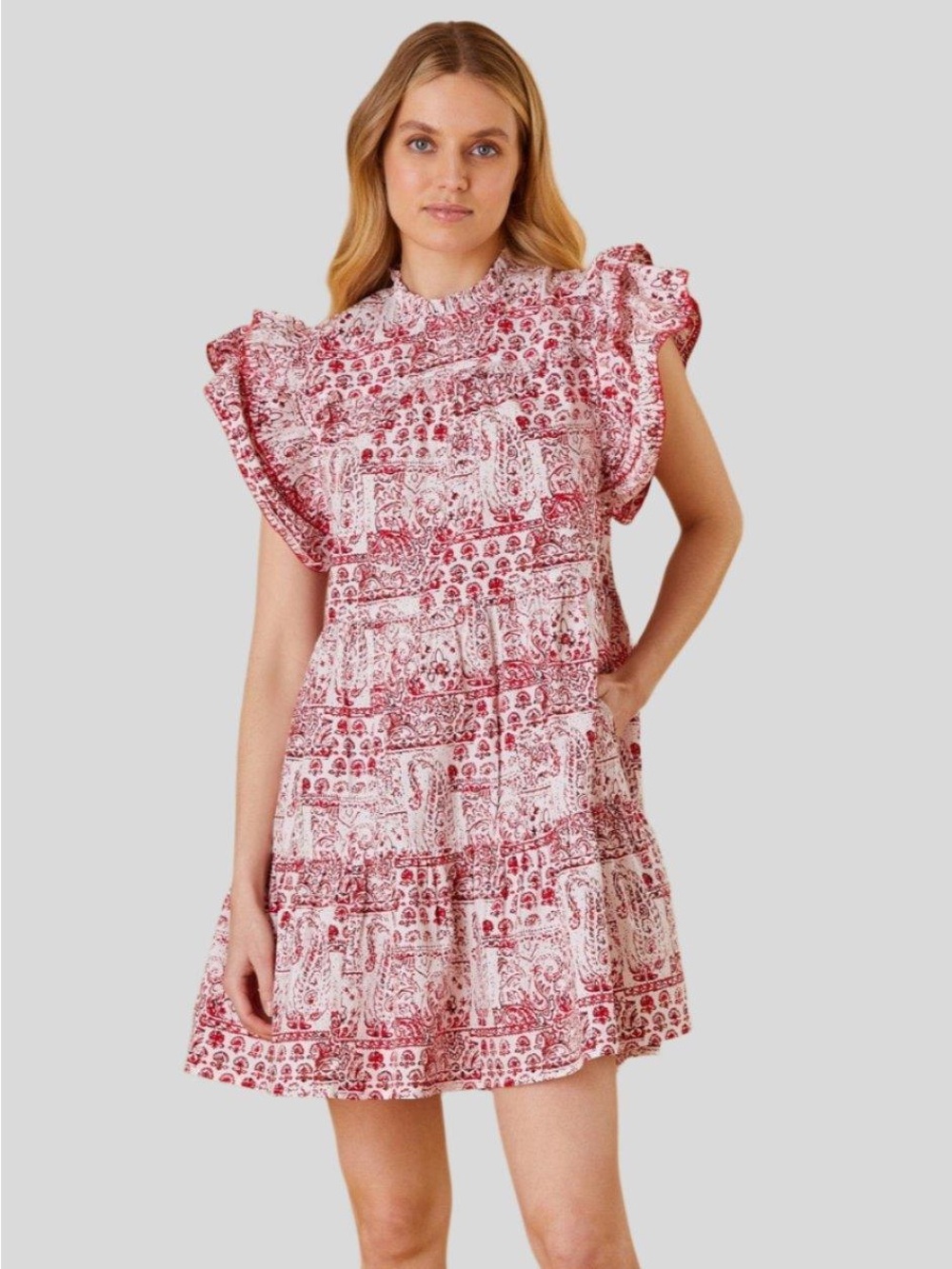 NWT Olivia by Livro Zoe Ruffle Patterned Ruffle Collar Dress White Multi M
